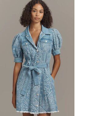 Anthropologie EN SAISON Tarak Puff Sleeve Denim Mini Shirt Dress XS NWT